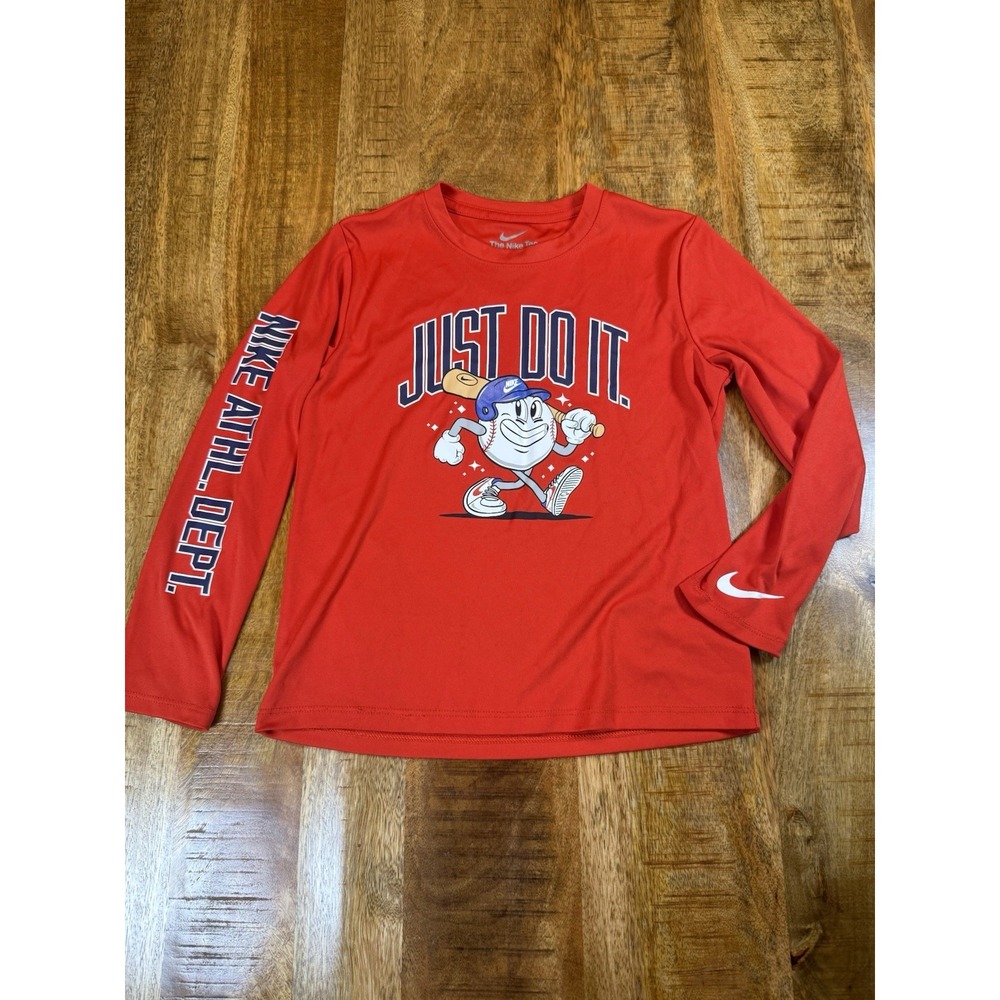 Nike Boys 6-7 Dri-FIT Baseball Shirt Red Just Do It Long Sleeve Athletic Tee